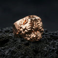 Load image into Gallery viewer, Rose gold plated bulldog ring on volcanic rock, sharp macro product photo showcasing the detailed dog head relief and collar rivet accents
