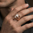 Load image into Gallery viewer, Rose gold plated lioness head ring worn on a finger, close-up showing the sculpted muzzle and refined texture
