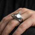 Load image into Gallery viewer, Polished silver shark head ring on a hand, macro detail highlighting the teeth, eye, and streamlined head shape
