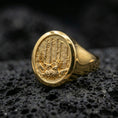 Load image into Gallery viewer, Gold plated forest scene signet ring on black volcanic rock with crisp highlights and deep shadows
