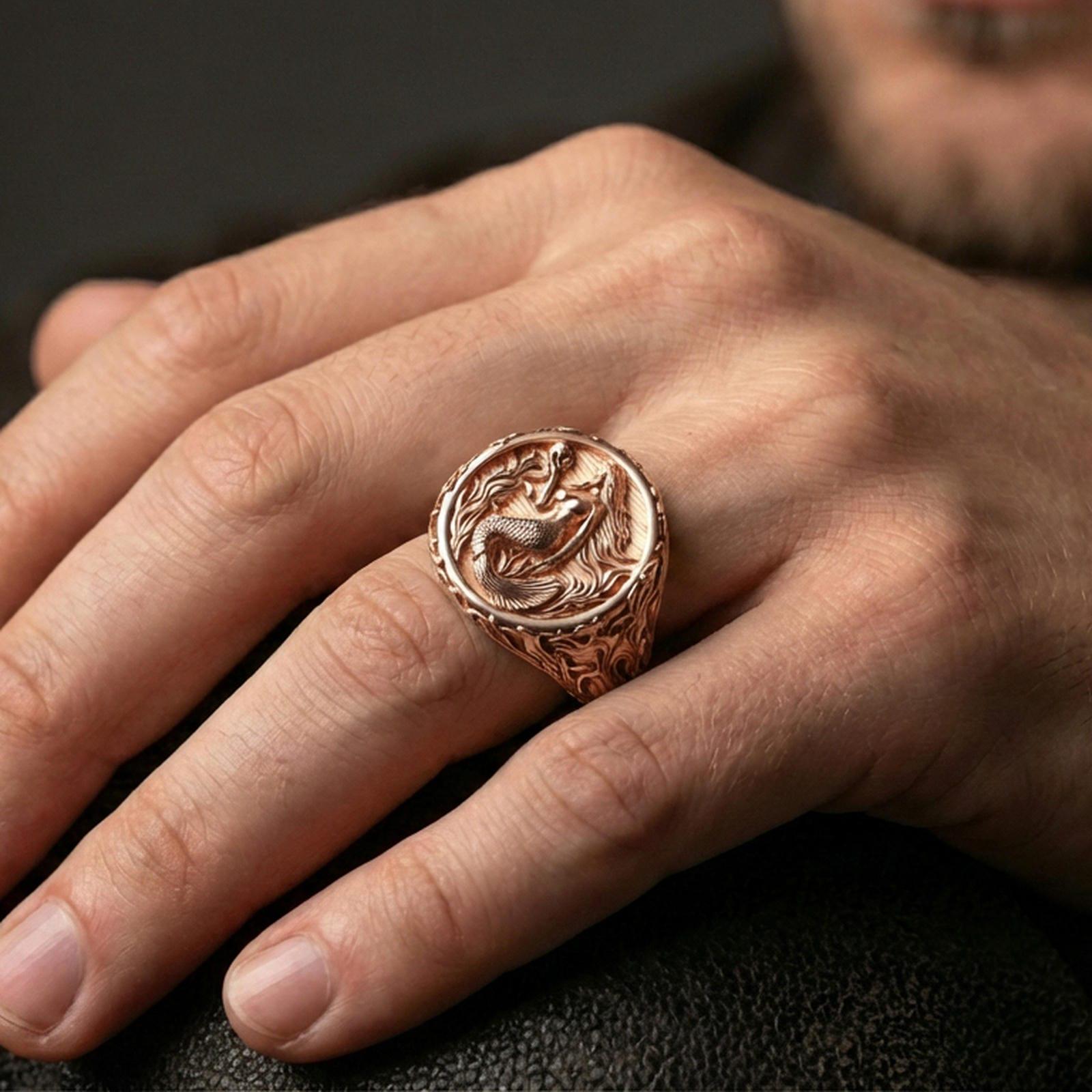 Rose gold plated mermaid ring on hand, lifestyle close-up, detailed mermaid design centered, elegant fantasy jewelry aesthetic