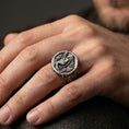 Load image into Gallery viewer, Oxidized mermaid ring worn on finger, dark outfit lifestyle close-up, bold fantasy sea jewelry statement
