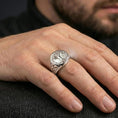 Load image into Gallery viewer, Tree of Life ring in polished silver finish on finger, Celtic Yggdrasil design with braided branches, natural lifestyle wear shot
