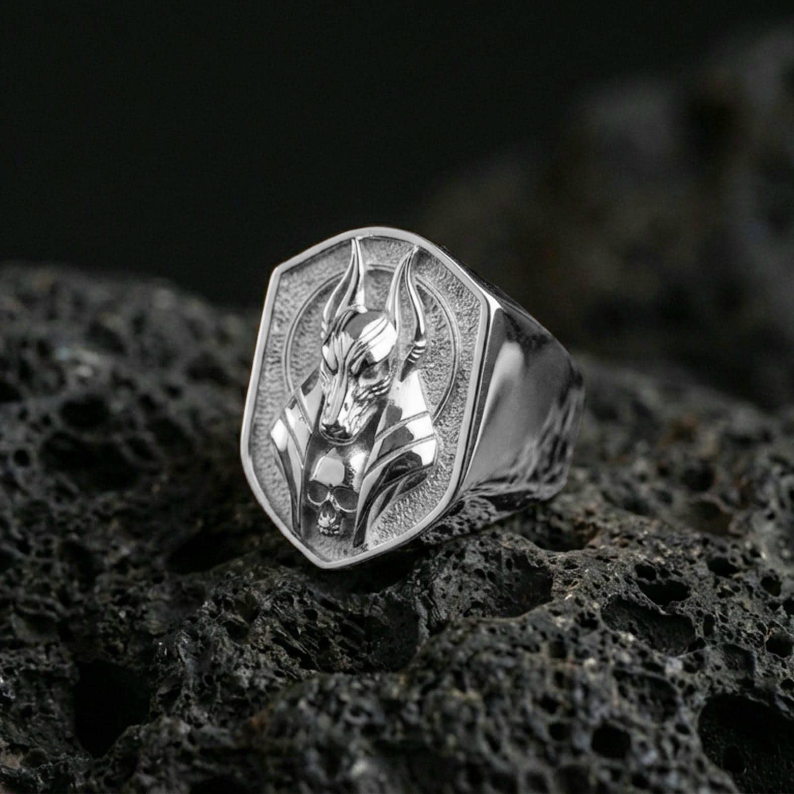 Anubis signet ring in polished silver finish on volcanic rock, raised jackal head emblem framed by geometric border, premium close-up