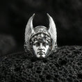 Load image into Gallery viewer, Hermes winged helmet ring in polished silver finish on volcanic rock, highly reflective god portrait with detailed feathers, premium close-up
