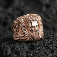 Load image into Gallery viewer, Zeus sky deity ring in rose gold finish on volcanic rock, bold Greek mythology statement ring, premium close-up
