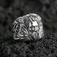 Load image into Gallery viewer, Greek Zeus head ring in sterling silver on volcanic rock, polished silver finish, detailed beard relief close-up
