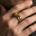 Load image into Gallery viewer, Gold plated twin dragons ring worn on finger, statement fantasy jewelry inspired by mythic dragons and power symbolism, premium lifestyle close-up

