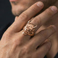 Load image into Gallery viewer, Rose gold plated Oni mask ring on a human finger, Oni/Hannya demon face signet ring, sharp teeth and horn detail, standout gothic piece

