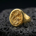 Load image into Gallery viewer, Gold plated Chinese dragon signet ring on black volcanic stone, traditional dragon motif, lucky protector symbol jewelry
