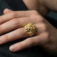 Load image into Gallery viewer, Gold plated Medusa gorgon head ring worn on a human finger, Greek goddess symbol jewelry, bold statement ring
