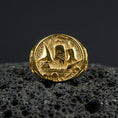 Load image into Gallery viewer, Gold plated Flying Dutchman ship signet ring on black volcanic stone, raised sailboat motif, maritime pirate ring
