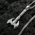 Load image into Gallery viewer, Polished sterling silver Viking labrys axe necklace pendant on black volcanic stone, detailed warrior axe charm, braided chain
