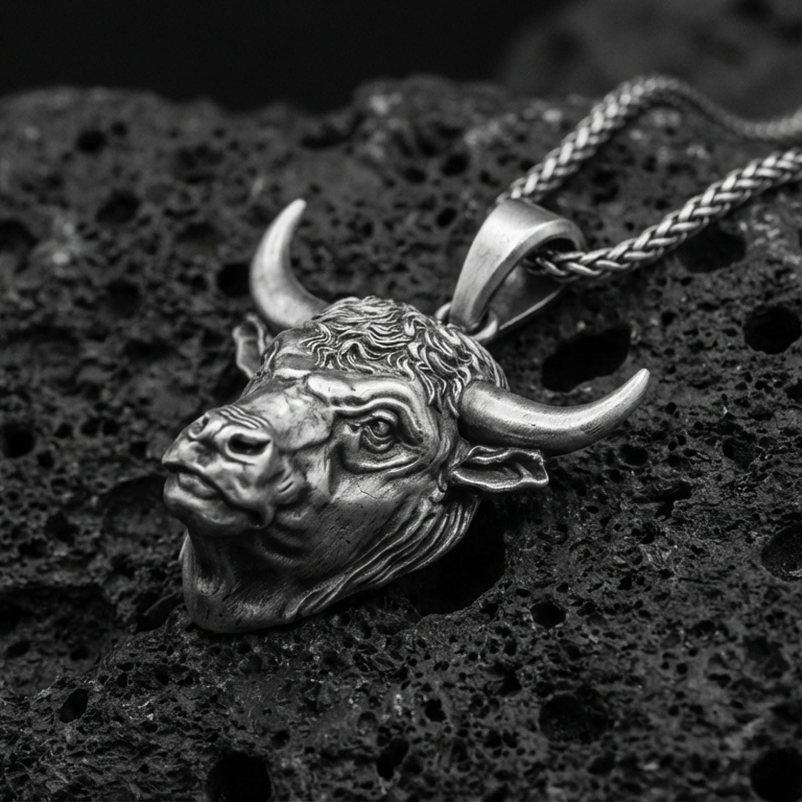 Oxidized sterling silver bull head necklace pendant on black volcanic stone, Taurus zodiac horned buffalo charm, braided chain