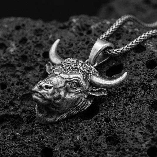Oxidized sterling silver bull head necklace pendant on black volcanic stone, Taurus zodiac horned buffalo charm, braided chain