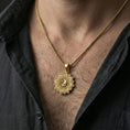 Load image into Gallery viewer, Gold plated yin yang mandala pendant worn on a human neck, spiritual amulet talisman, braided chain necklace
