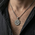 Load image into Gallery viewer, Oxidized sterling silver yin yang mandala pendant worn on a human neck, spiritual amulet talisman, braided chain necklace
