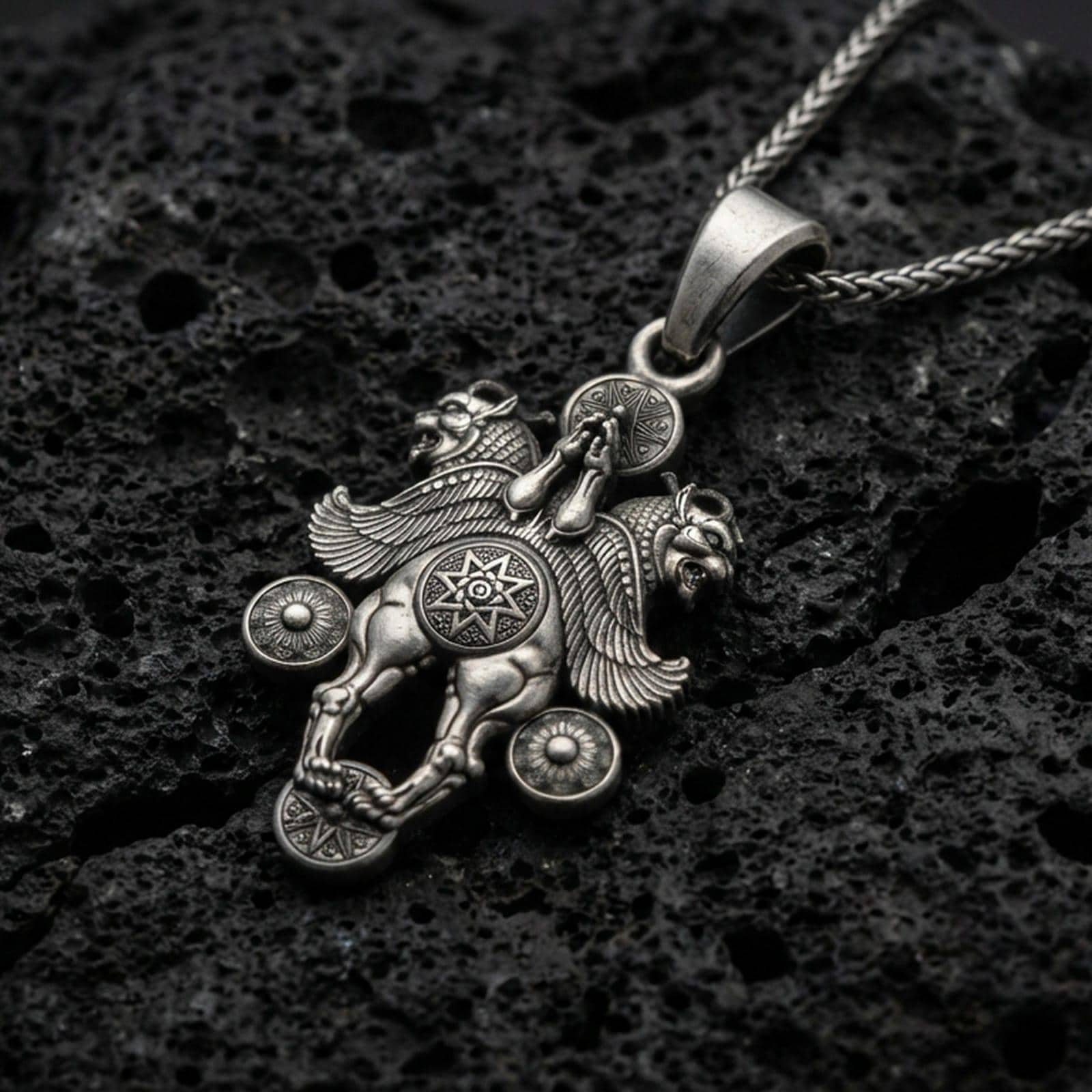 Oxidized sterling silver Assyrian lamassu pendant on black volcanic stone, ancient mythical beast necklace, braided chain