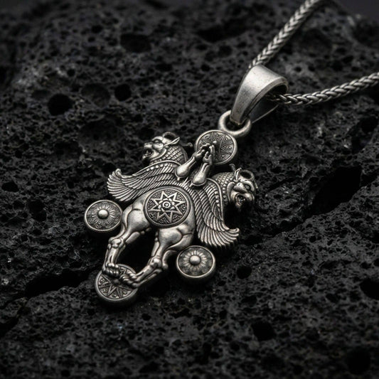 Oxidized sterling silver Assyrian lamassu pendant on black volcanic stone, ancient mythical beast necklace, braided chain