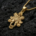 Load image into Gallery viewer, Gold plated Assyrian lamassu pendant on black volcanic stone, ancient mythical guardian necklace, braided chain
