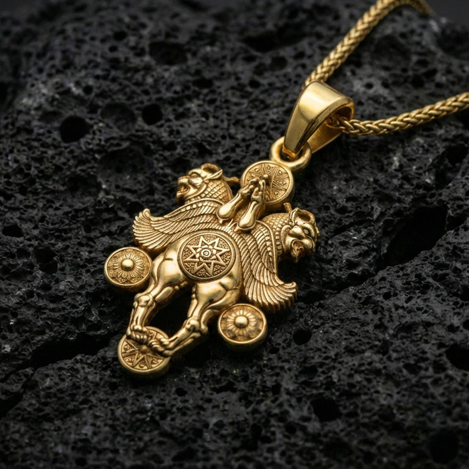 Gold plated Assyrian lamassu pendant on black volcanic stone, ancient mythical guardian necklace, braided chain