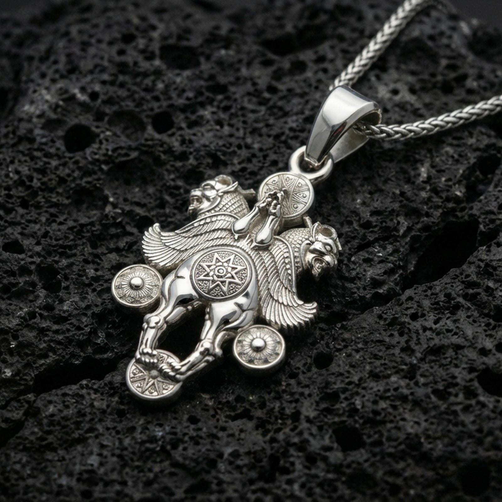 Polished sterling silver Assyrian lamassu pendant on black volcanic stone, ancient civilization talisman necklace, braided chain