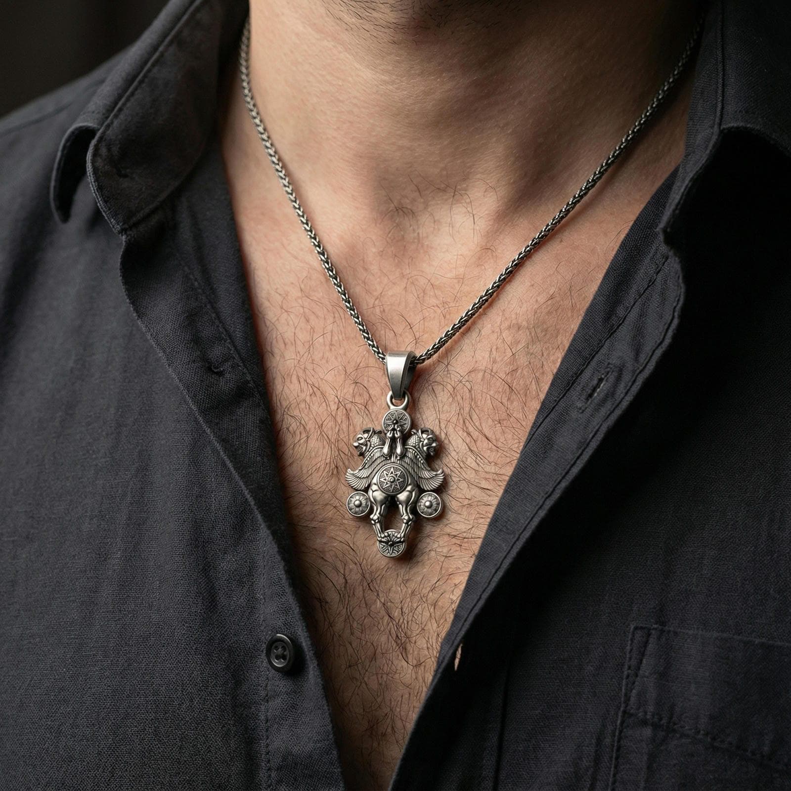 Oxidized sterling silver Assyrian lamassu pendant worn on a human neck, ancient mythical guardian necklace, braided chain
