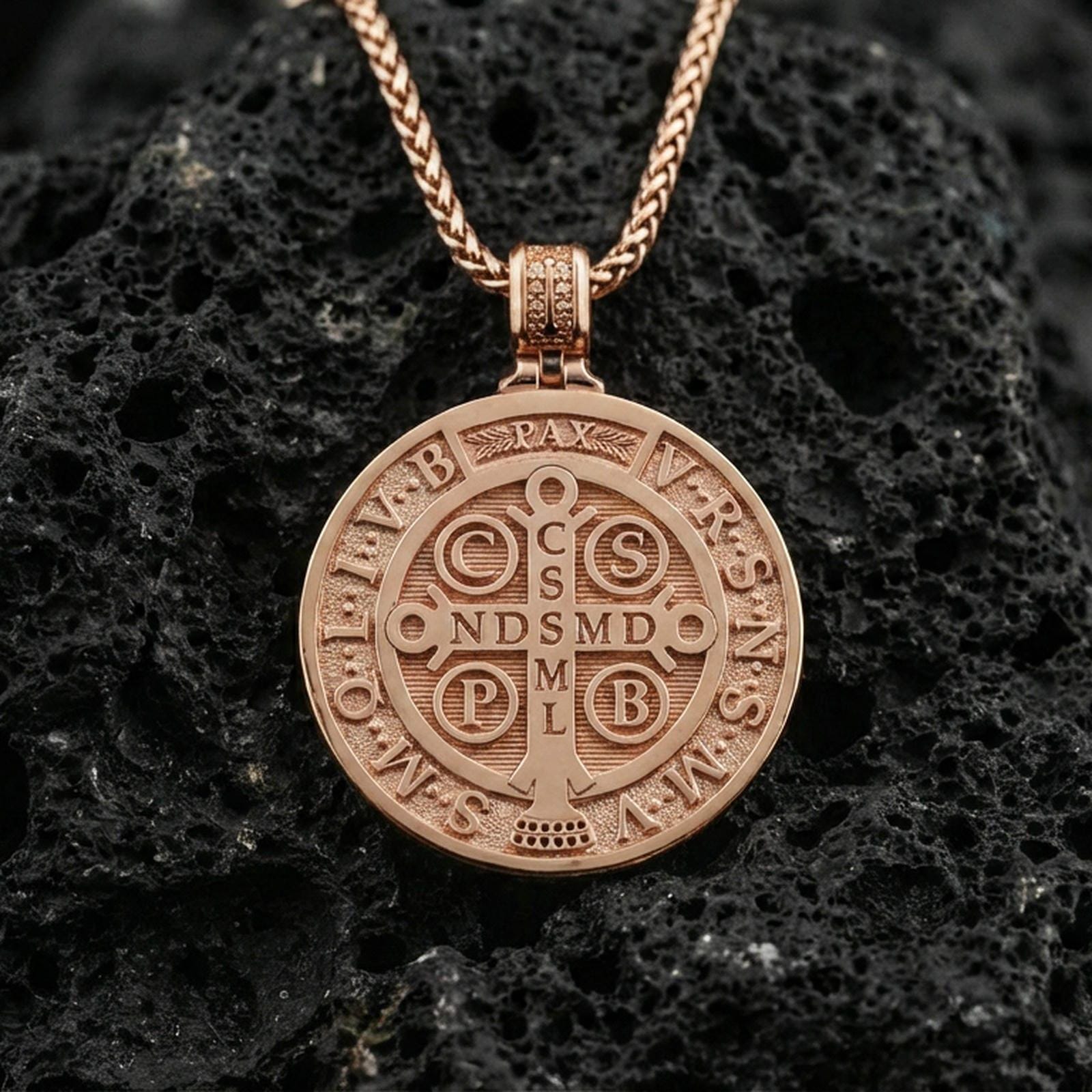 Rose gold plated St. Benedict medal necklace on black volcanic stone, Catholic faith protection pendant, braided chain