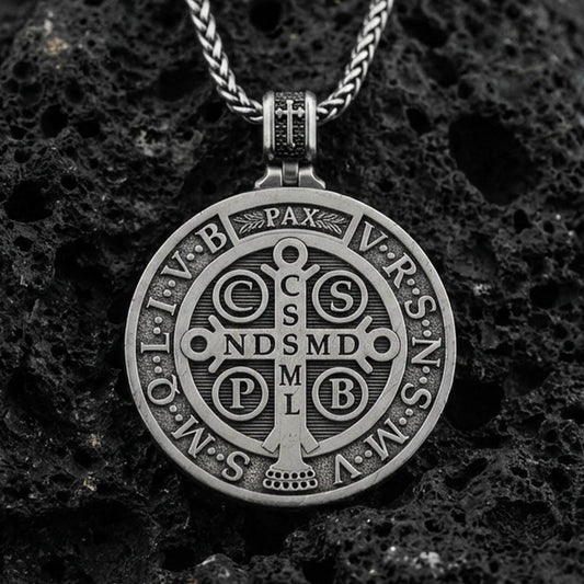 Oxidized sterling silver St. Benedict medallion necklace on black volcanic stone, Catholic protection pendant, braided chain