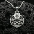 Load image into Gallery viewer, Polished sterling silver samurai skull necklace pendant on volcanic stone, kabuto helmet warrior emblem with katana blades
