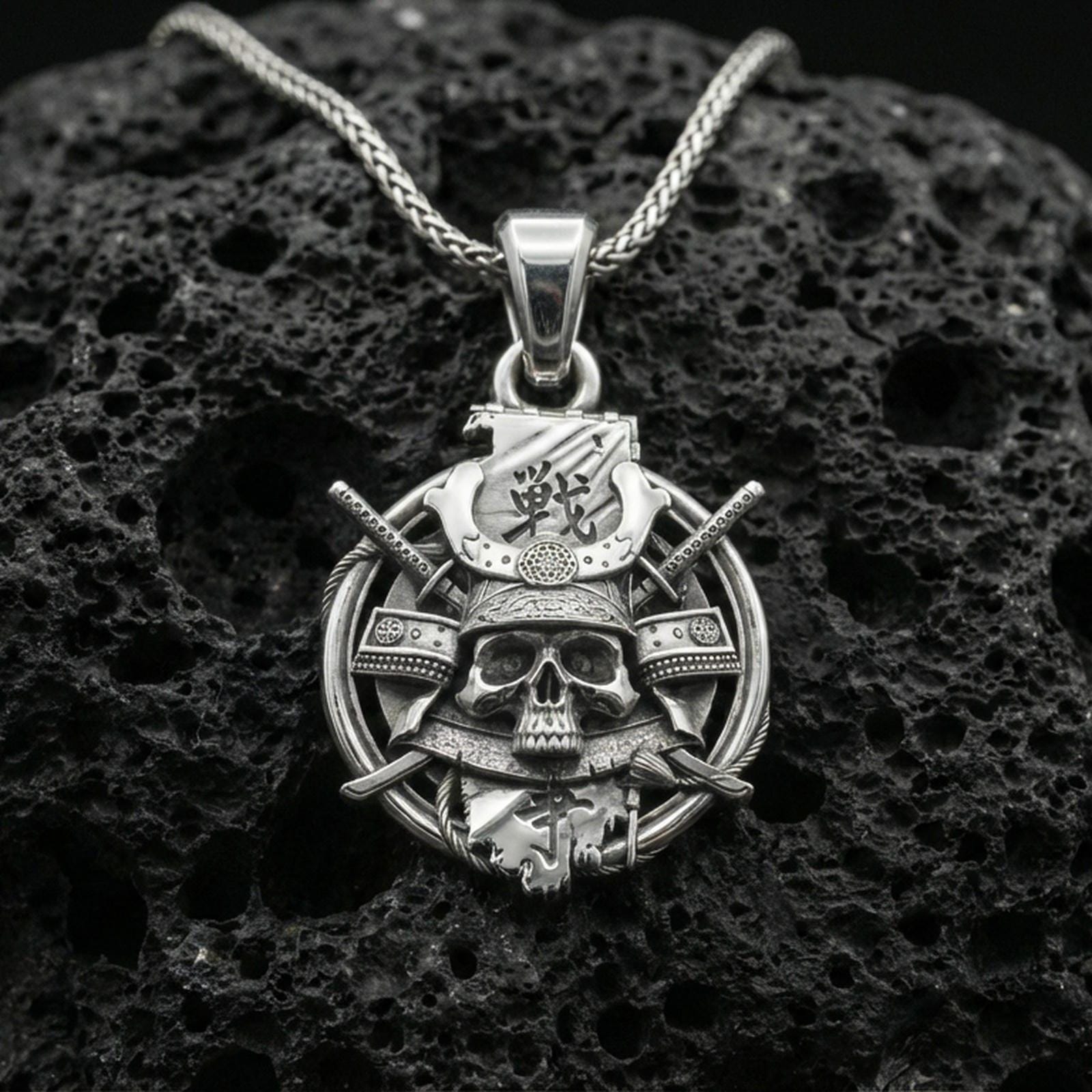 Polished sterling silver samurai skull necklace pendant on volcanic stone, kabuto helmet warrior emblem with katana blades
