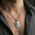 Load image into Gallery viewer, Polished sterling silver samurai skull pendant on a human neck, Japanese warrior kabuto skull necklace for edgy styling
