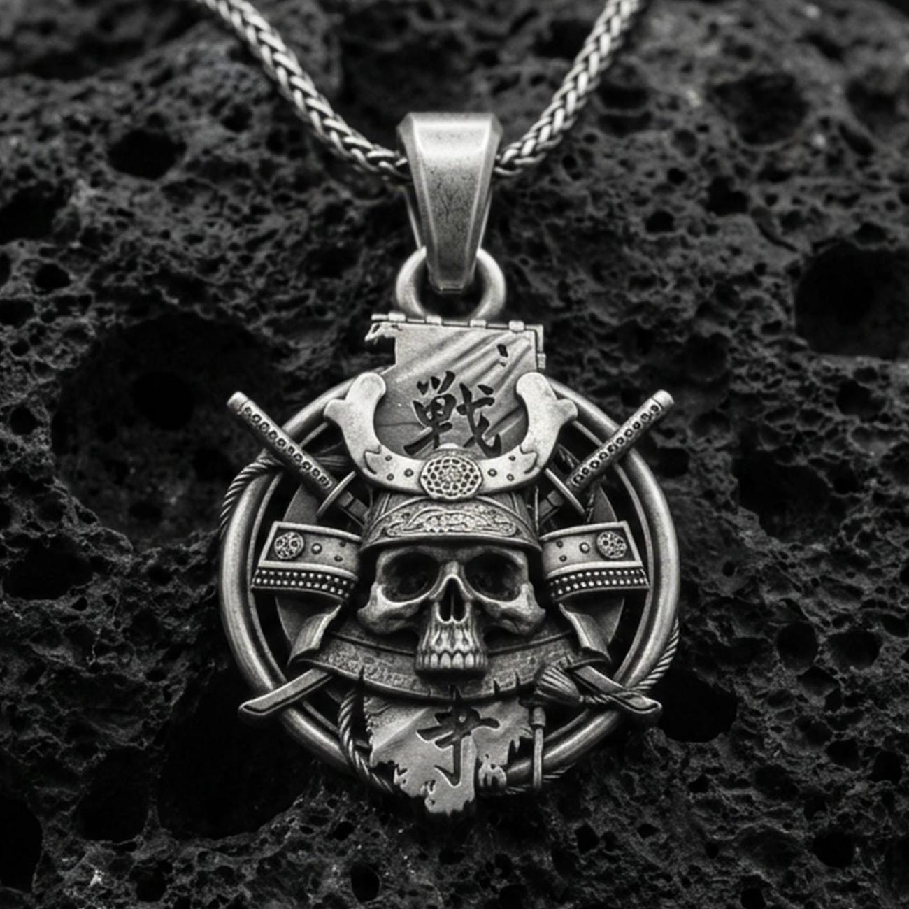 Oxidized sterling silver samurai skull necklace pendant on volcanic stone, kabuto helmet and crossed katanas design