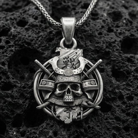 Oxidized sterling silver samurai skull necklace pendant on volcanic stone, kabuto helmet and crossed katanas design
