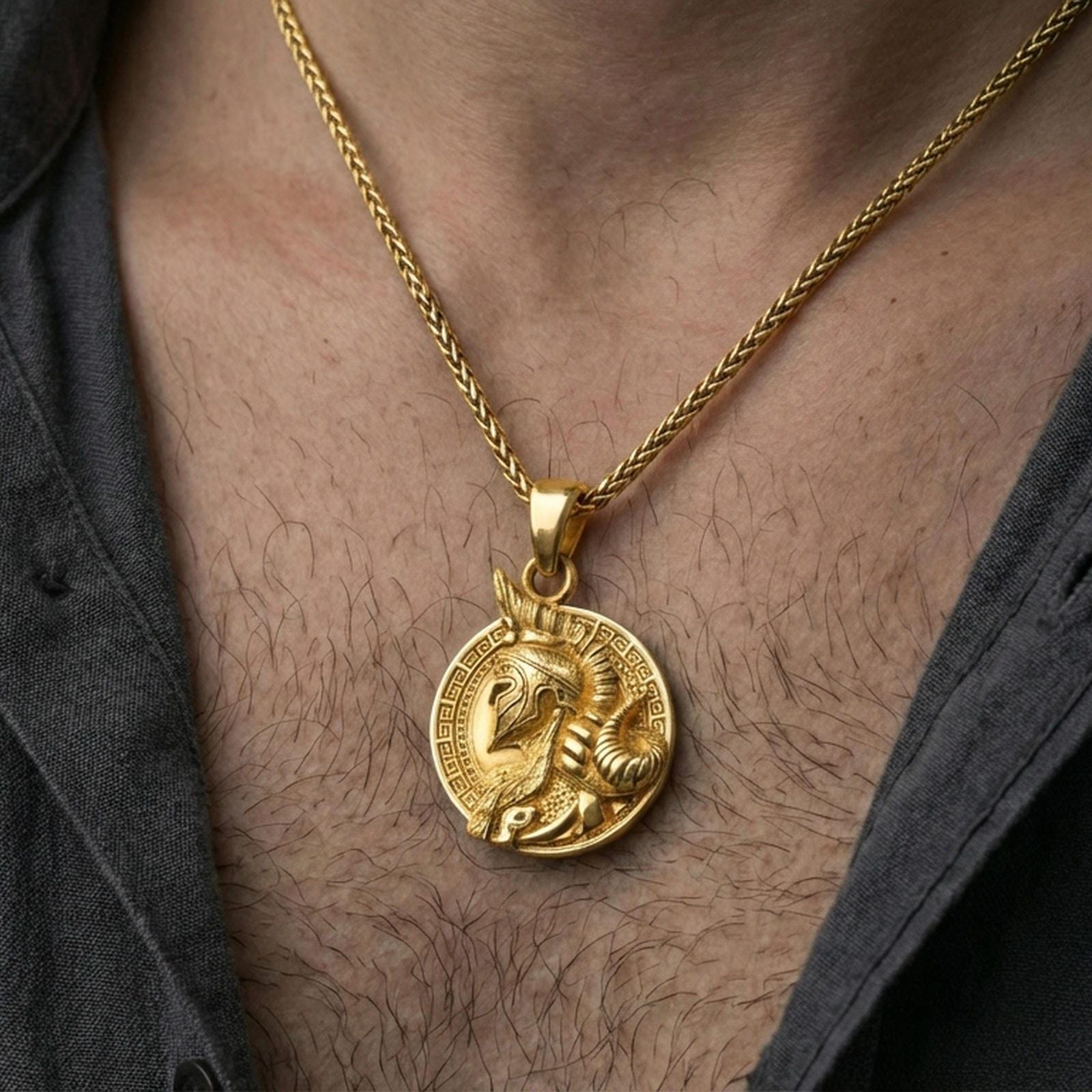 Gold plated Viking warrior pendant necklace worn on neck, premium lifestyle composition, Norse helmet profile centerpiece design