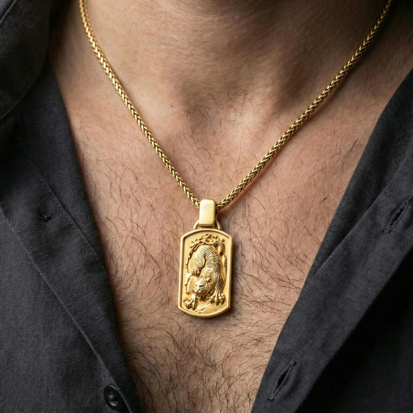 Gold plated Chinese tiger pendant necklace worn on neck, premium lifestyle composition, roaring tiger centerpiece with sculpted stripes