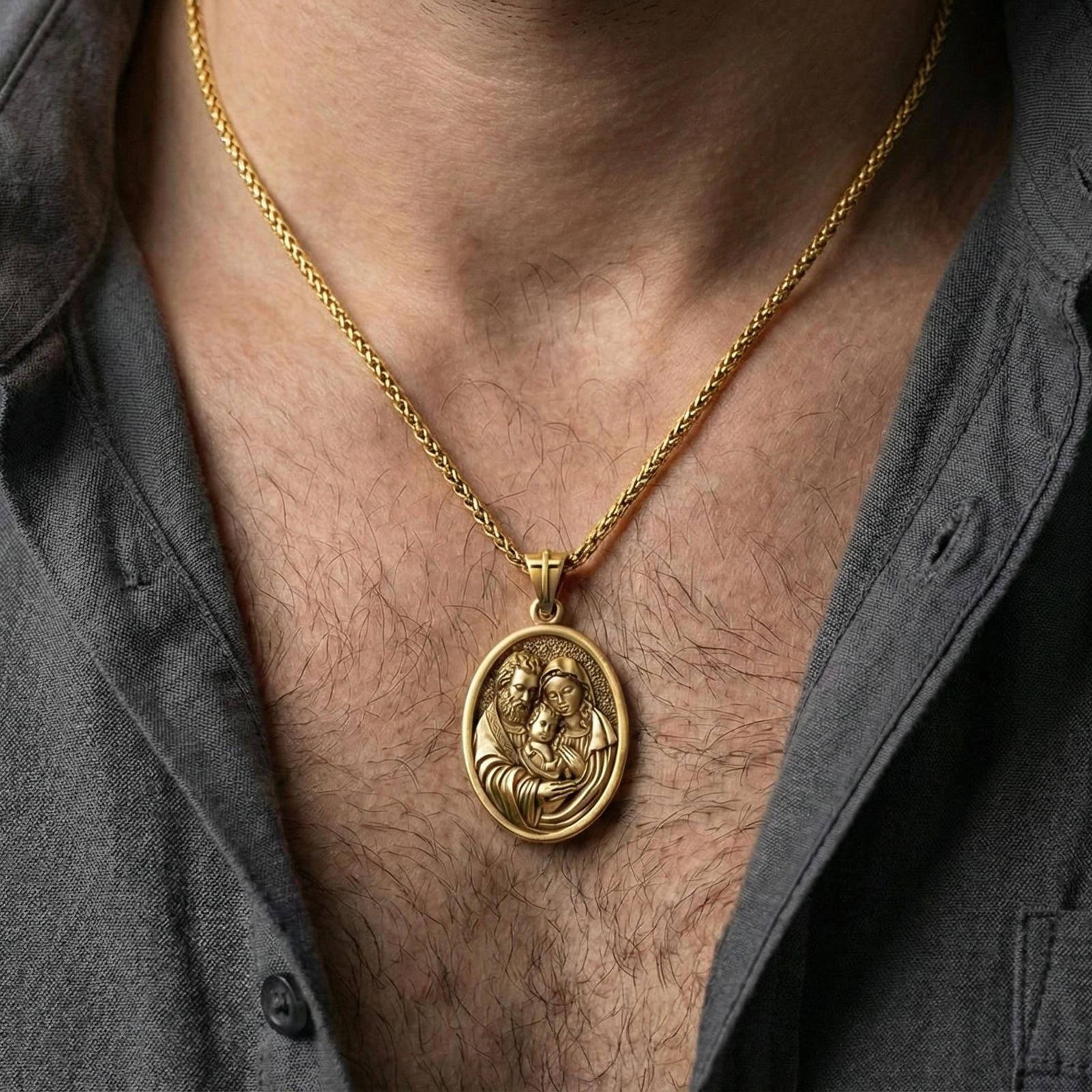 Gold plated Holy Family pendant necklace worn on neck, premium lifestyle composition, devotional oval medallion centerpiece