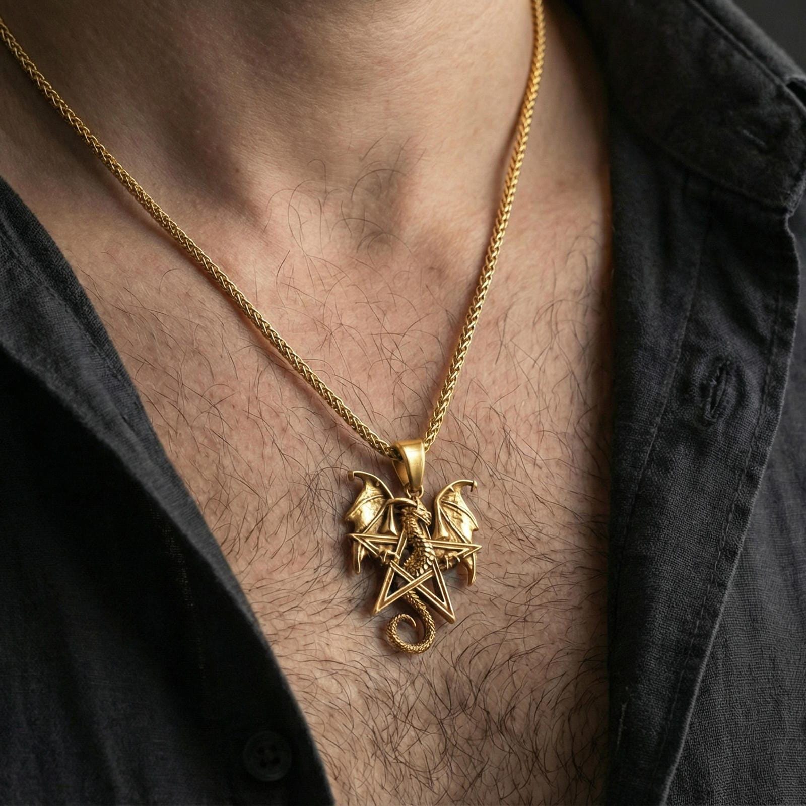 Gold plated pentagram dragon pendant necklace worn on neck, premium lifestyle composition, gothic star pendant with coiled dragon centerpiece
