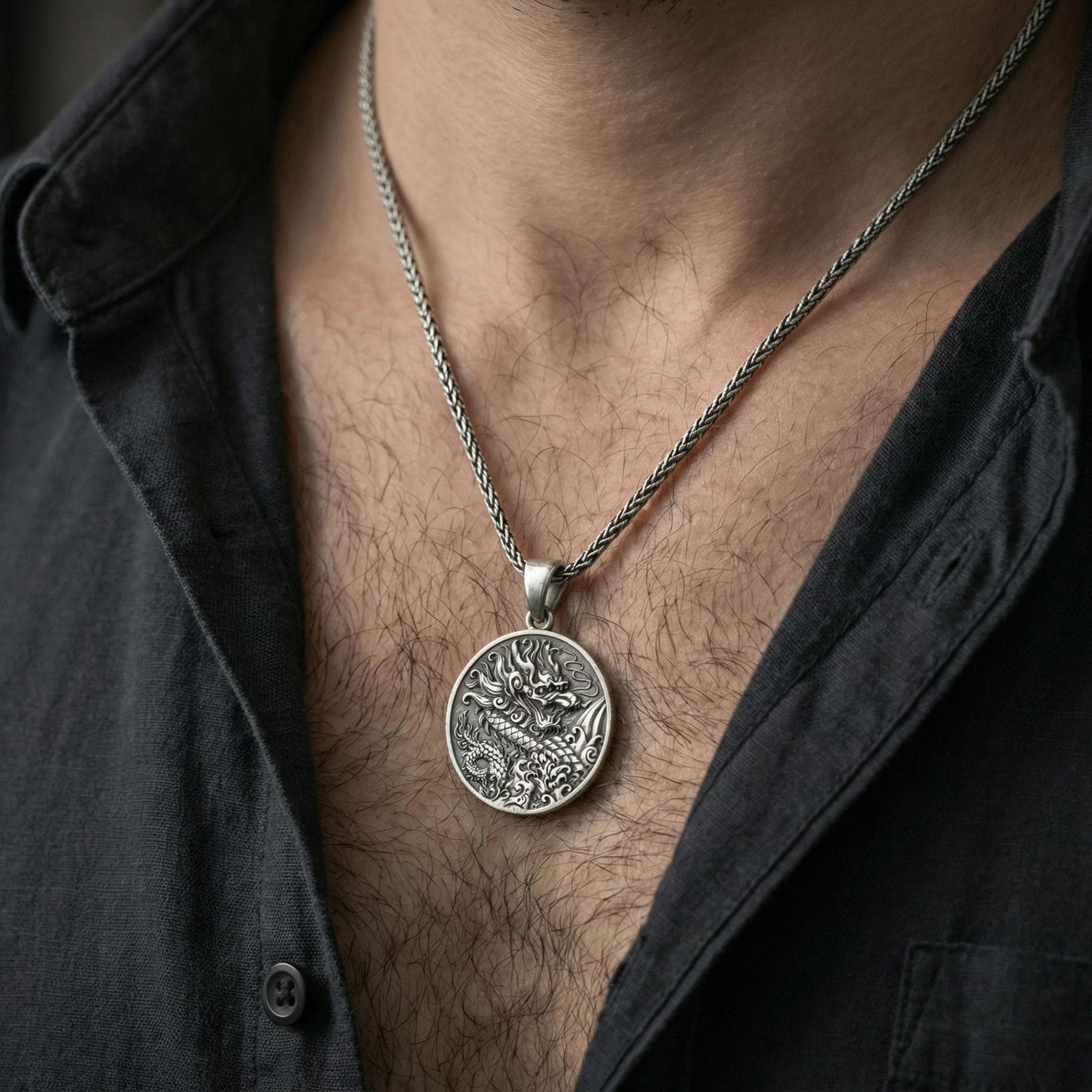 Oxidized 925 sterling silver Chinese dragon pendant worn on neck on a braided chain, centered chest framing, moody lifestyle studio shot