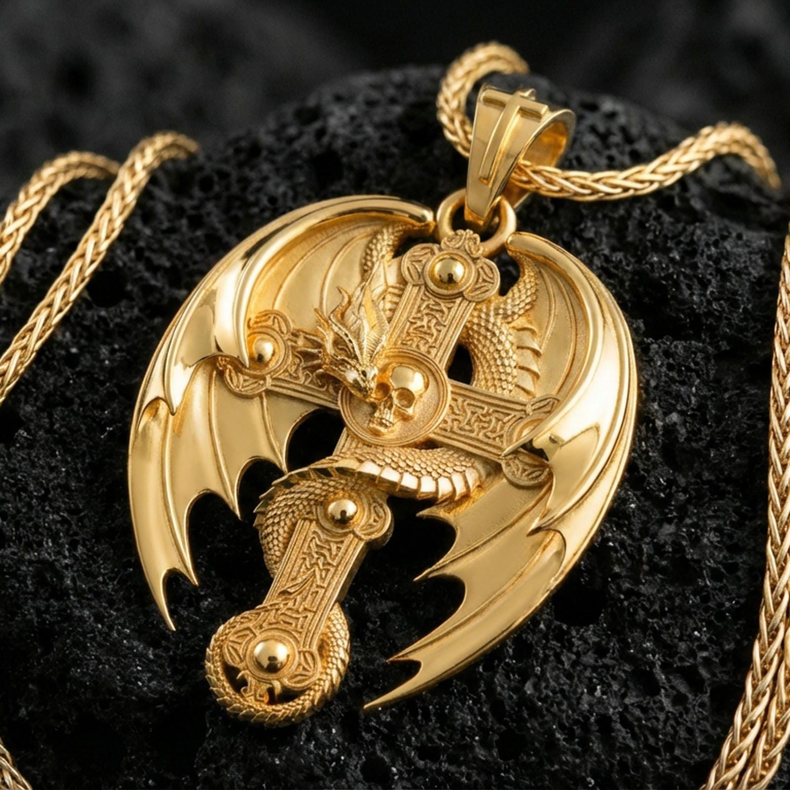 Gold plated winged dragon cross pendant on porous volcanic rock backdrop, fantasy gothic cross design with coiled dragon relief, high-contrast lighting