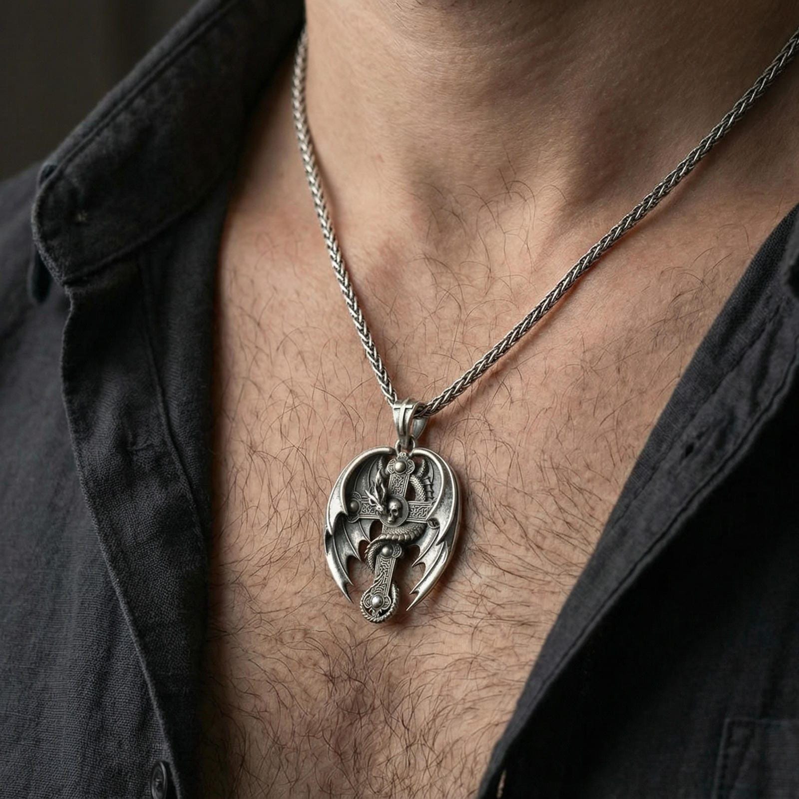 Oxidized sterling silver dragon cross pendant worn on neck on a braided chain, centered chest framing, moody lifestyle studio shot