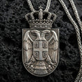 Load image into Gallery viewer, Oxidized Republic of Serbia coat of arms pendant on volcanic rock, crowned double headed eagle shield necklace
