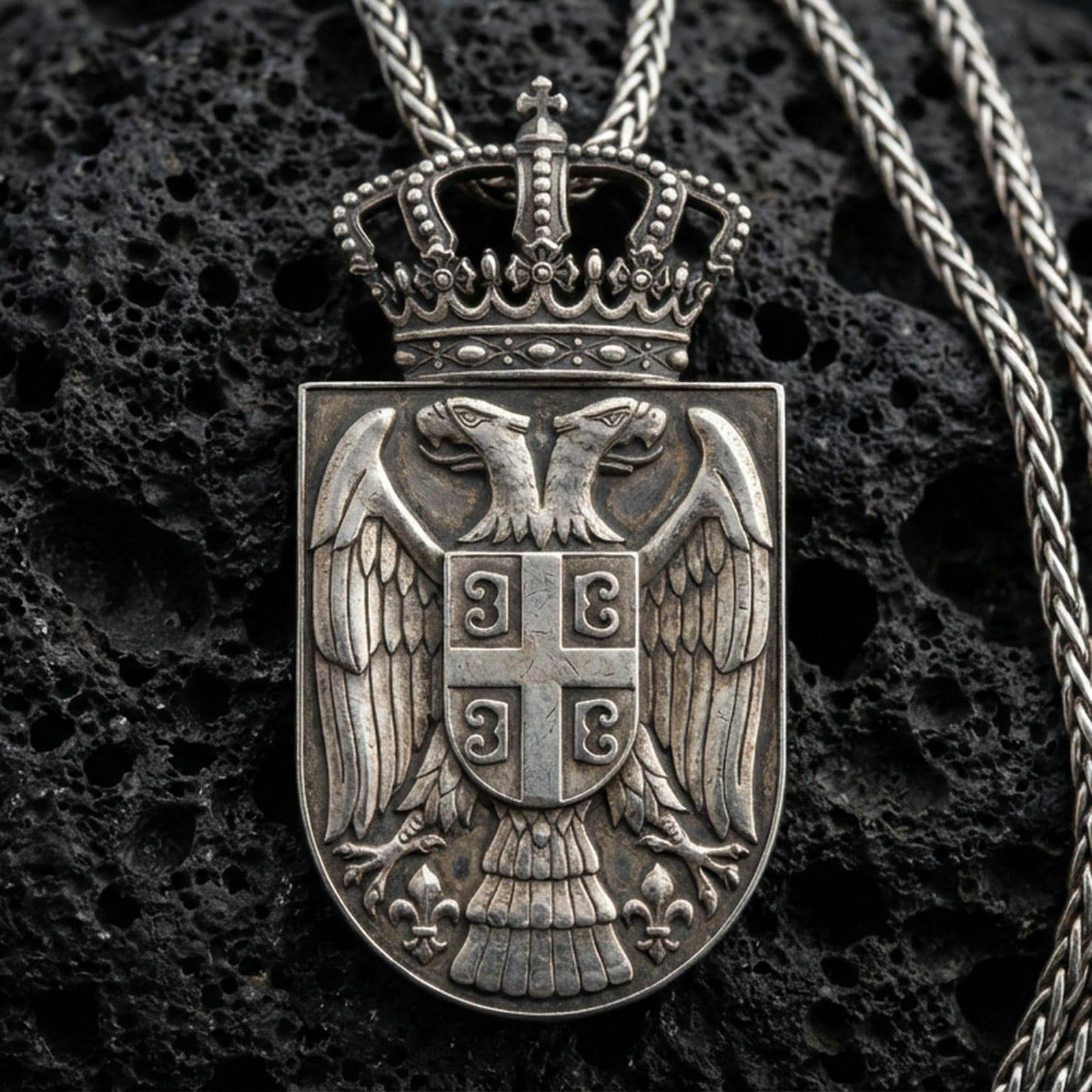 Oxidized Republic of Serbia coat of arms pendant on volcanic rock, crowned double headed eagle shield necklace