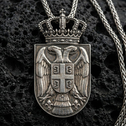 Oxidized Republic of Serbia coat of arms pendant on volcanic rock, crowned double headed eagle shield necklace