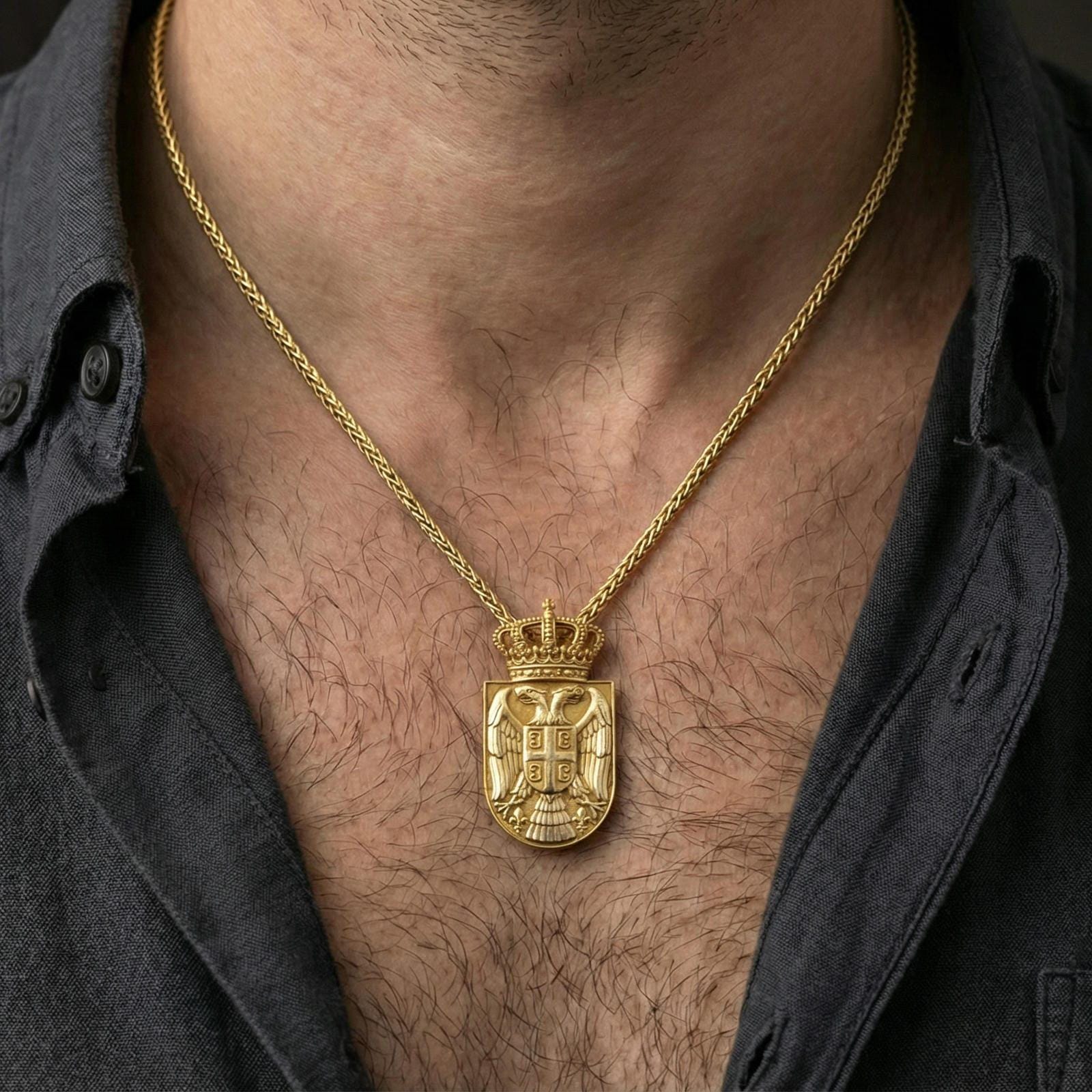 Gold plated Serbia coat of arms pendant worn on neck, patriotic double eagle crest necklace for heritage wear