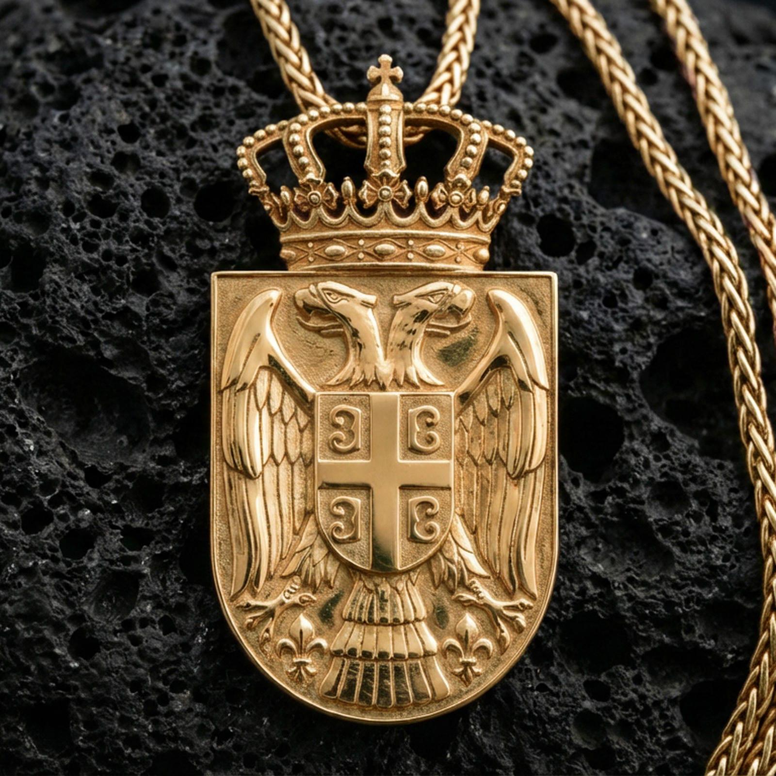 Gold plated Republic of Serbia coat of arms pendant on volcanic rock, patriotic crowned double headed eagle medallion