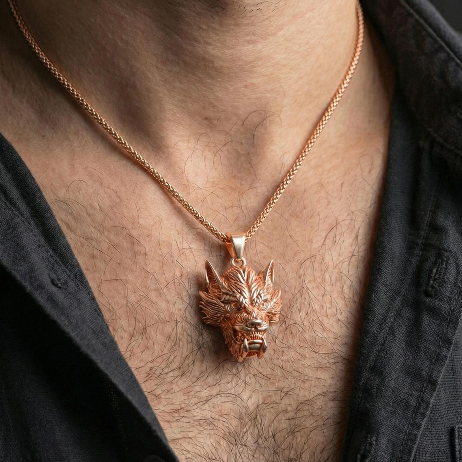 Rose gold plated Chinese dragon head necklace worn on neck, mythical dragon head pendant gift, lifestyle photo
