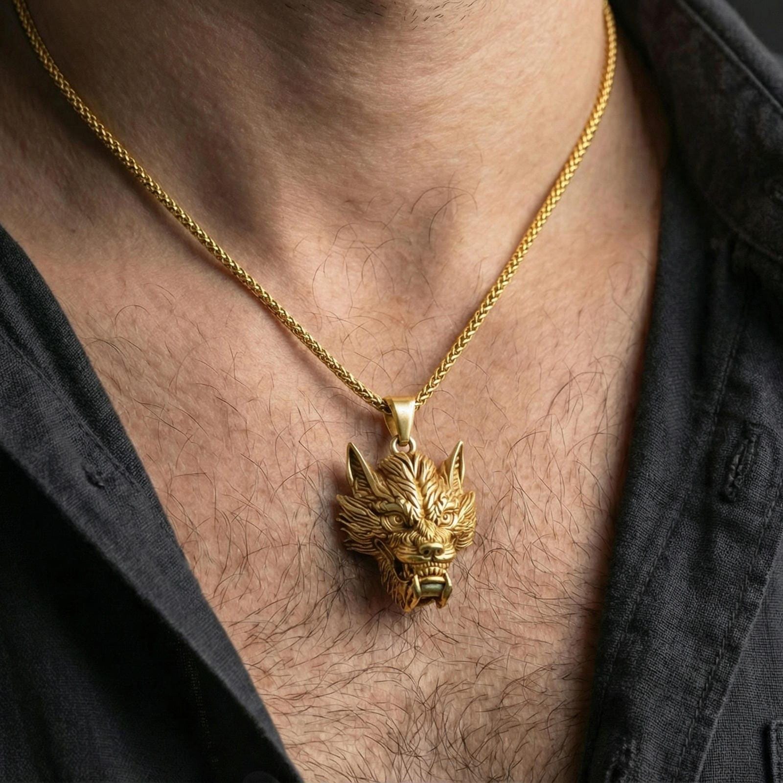 Gold plated Chinese dragon head pendant worn on neck, Asian dragon charm necklace for men, premium lifestyle framing