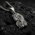 Load image into Gallery viewer, Oxidized sterling silver Fortuna goddess pendant on volcanic rock, Roman luck deity necklace, detailed relief
