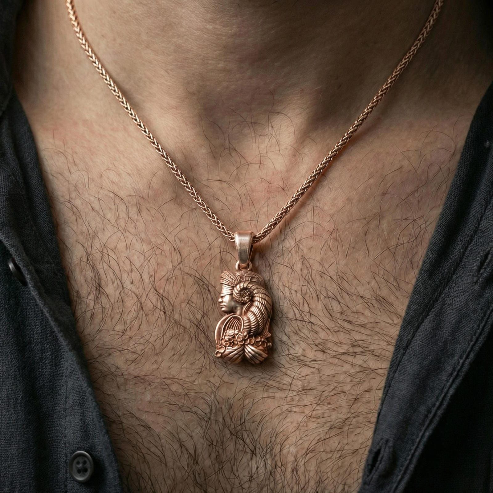 Rose gold plated Fortuna pendant worn on neck, Roman goddess of luck necklace, elegant lifestyle photo
